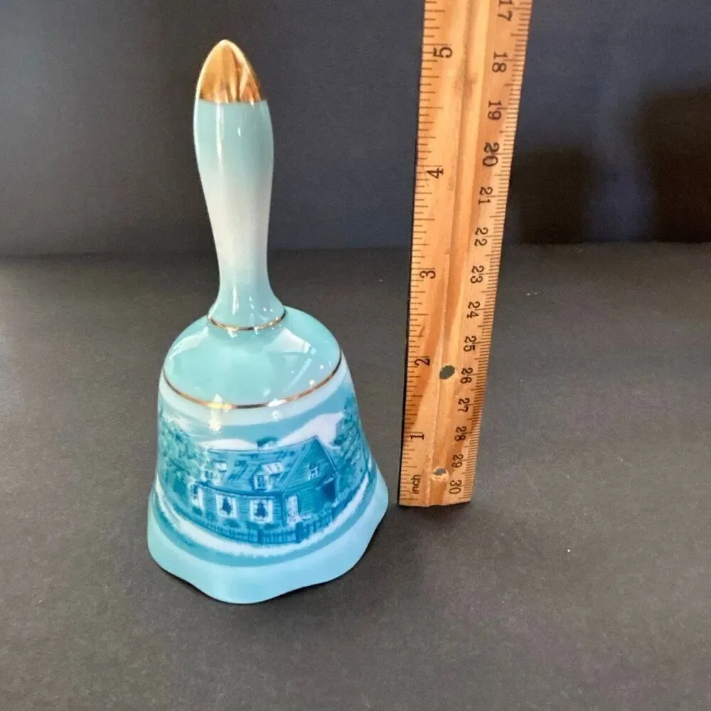 Vtg Porcelain Bell Blue Gold Stamped JAPAN Country Home Scene Orchard Scalloped